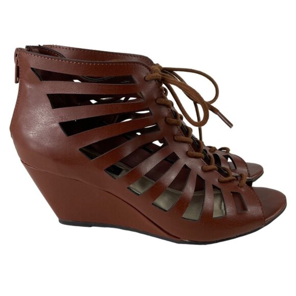 Material Girl Brown Gladiator Cut Out Peep Toe Wedge Sandals Size 7 - Picture 1 of 12